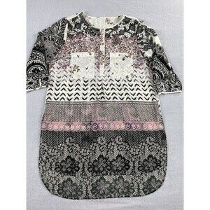 Roz & Ali Paisley Tunic Top Women’s M Black Pink 3/4 Sleeve Scoop Neck HIgh Low